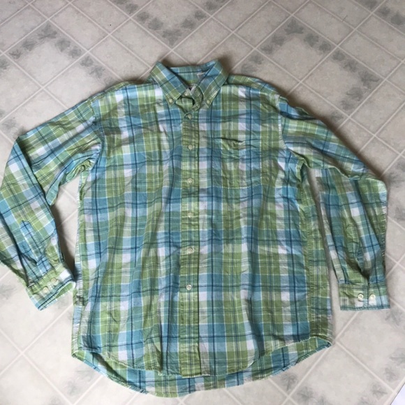 Vintage men’s LL Bean Cotton Buttondown Shirt medium green and blue plaid - Picture 2 of 4